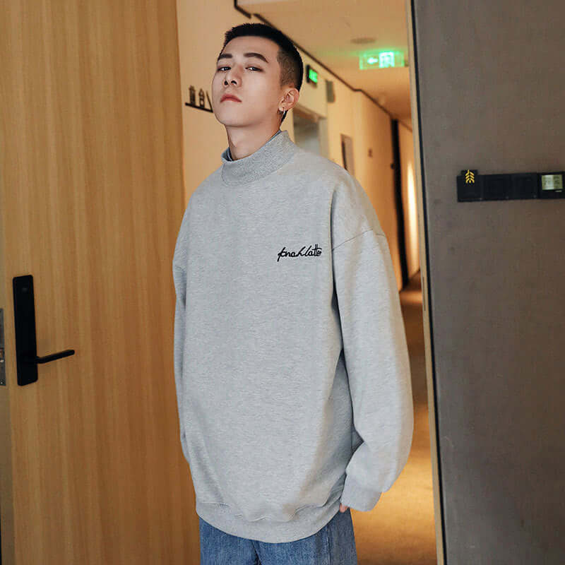 Half Turtleneck Cotton Loose Top Grey