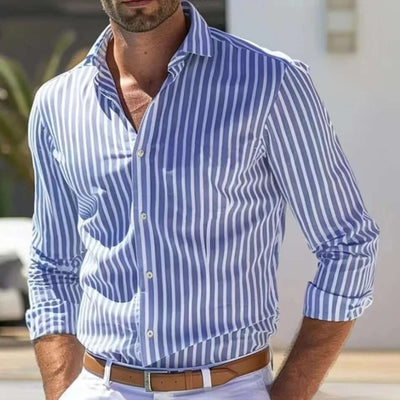 Men's Slim Fit Striped Business Shirt featuring a modern striped design for a stylish professional look.