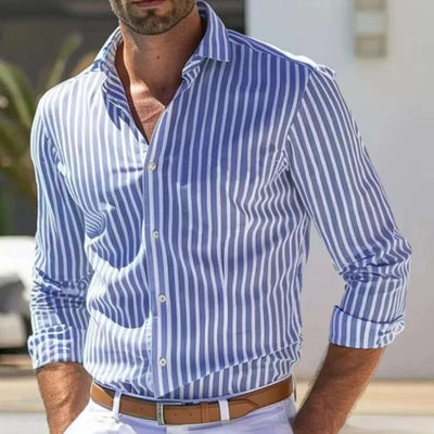Men's Slim Fit Striped Business Shirt on a model, showcasing stylish striped design and modern fit.