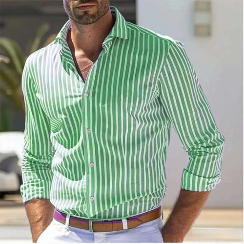 Men's Slim Fit Striped Business Shirt in green and white stripes, perfect for modern professional attire.