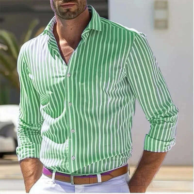 Men's Slim Fit Striped Business Shirt in green and white stripes, perfect for modern professional attire.