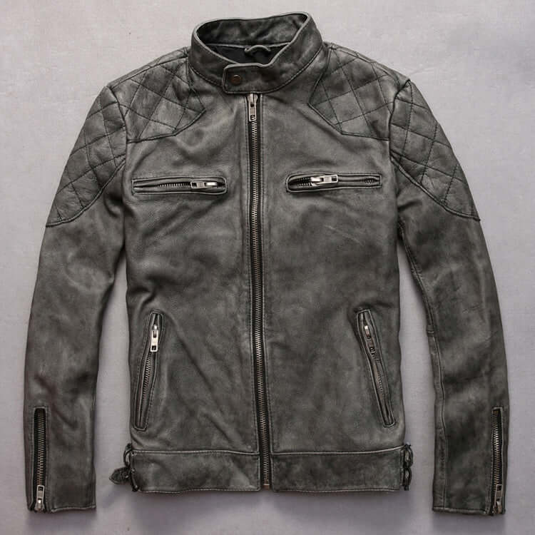 Men's Stand Collar Leather Jacket Grey