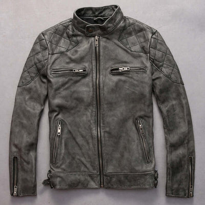 Men's Stand Collar Leather Jacket Grey