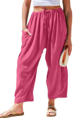 Women's Elastic Pleated Linen Wide Leg Pants UK Rose Red
