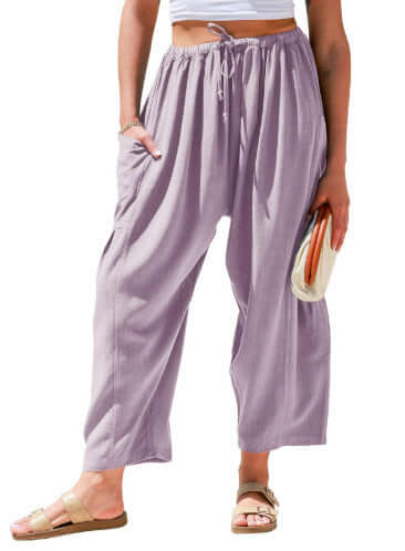 Women's Elastic Pleated Linen Wide Leg Pants UK Light Purple