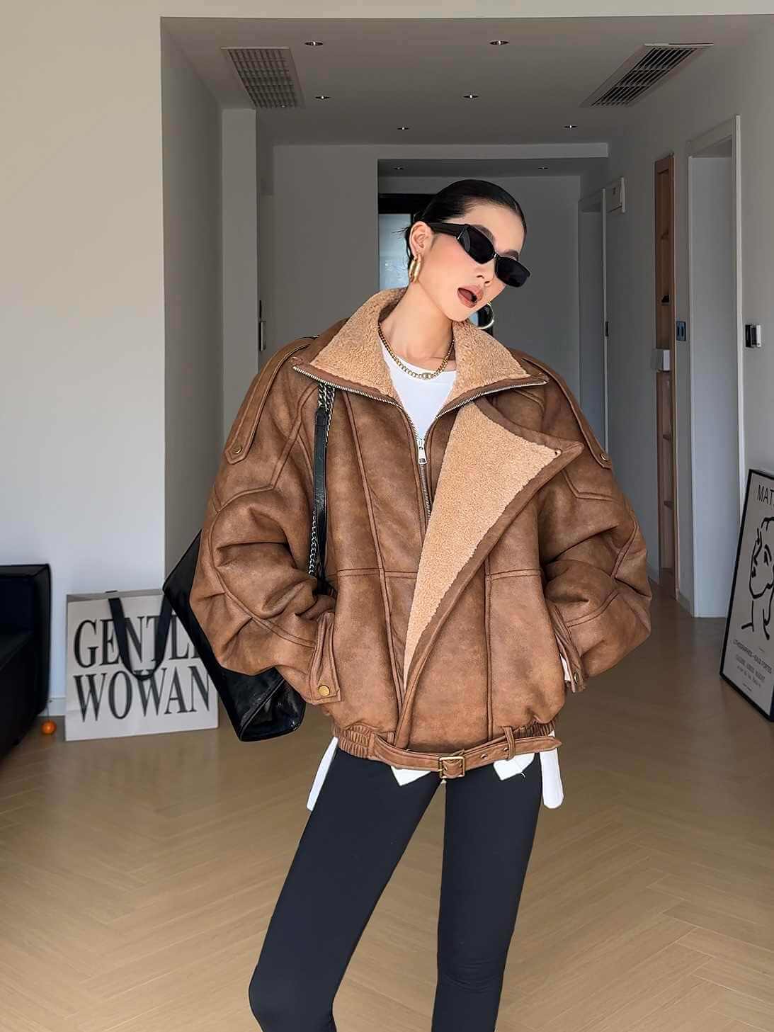 Amber brown oversized shearling biker jacket with funnel collar - Women's Shearling Jacket UK