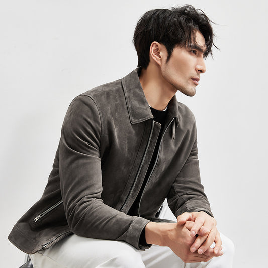 Lambskin Suede Lapel Biker's Leather Jacket Men's Coat