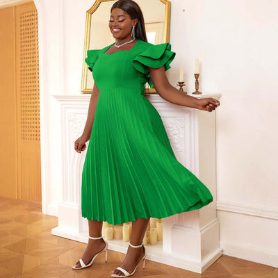 Square Collar Pleated Dress | Petal Sleeve Midi UK