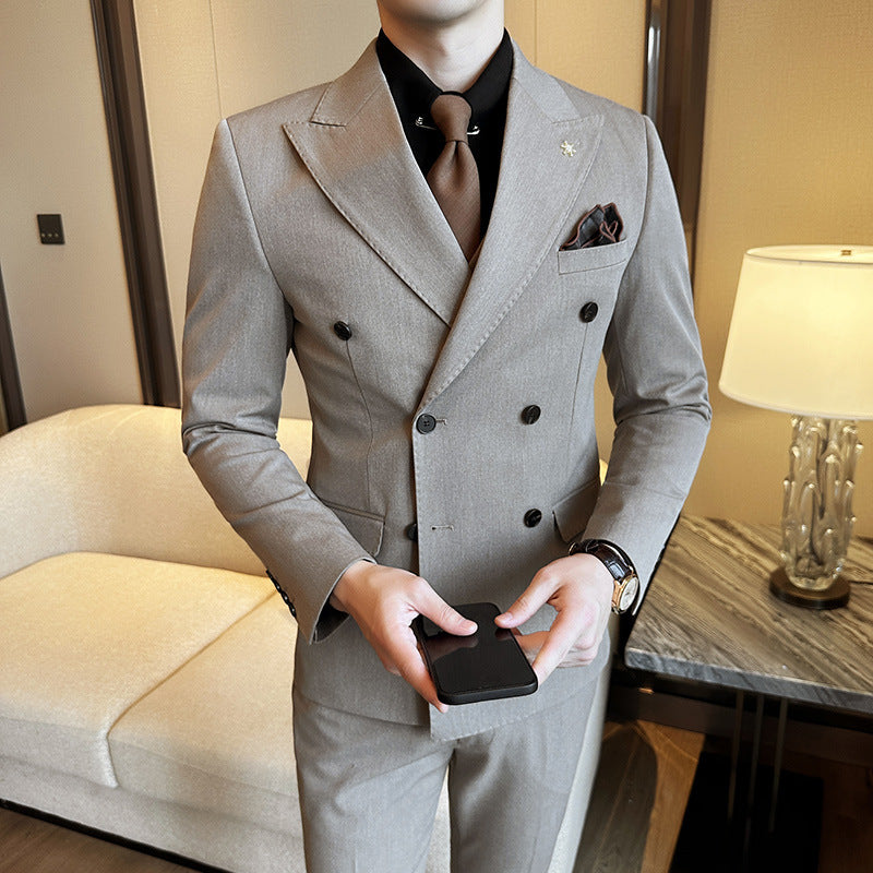 Double Breasted Business Slim Fit Suit for Men Light Brown Suit Suit Trousers
