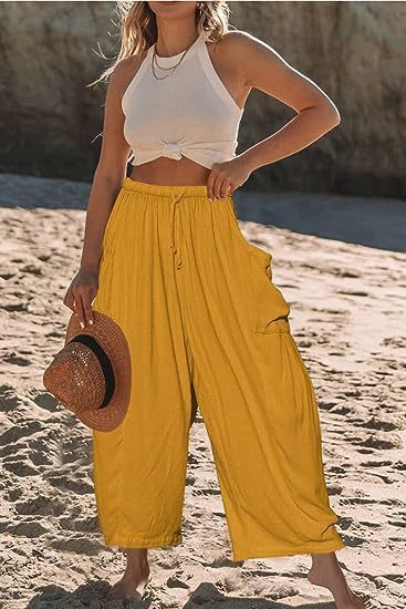Women's Elastic Pleated Linen Wide Leg Pants UK Yellow