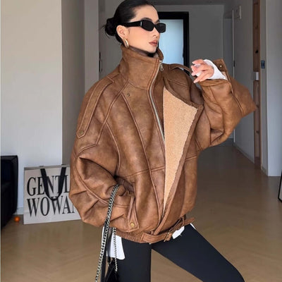 Biker's Thick Fur Jacket | Faux Fur Jacket Amber Brown UK