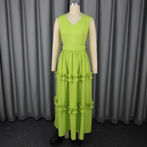 A-Line High-Waist Mustard Green Dress on a mannequin against a gray curtain background