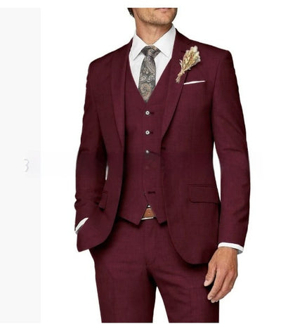 Mens Slim Fit Business Three Piece Suit UK Wine Red