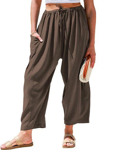 Women's Elastic Pleated Linen Wide Leg Pants