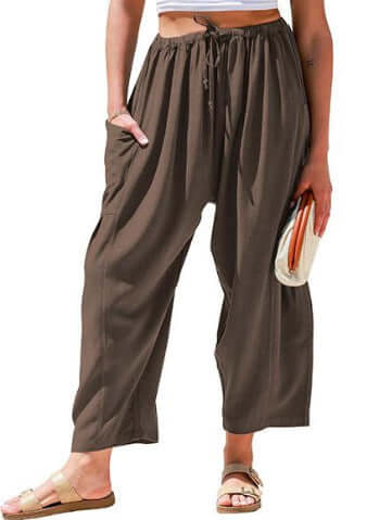 Women's Elastic Pleated Linen Wide Leg Pants UK Dark Coffee Color