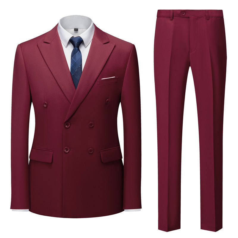 Men's Casual Solid Color Two-Piece Suit Wine Red