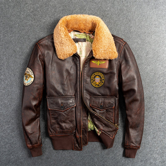 Men's Genuine Leather First Layer Leather Motorcycle Jacket