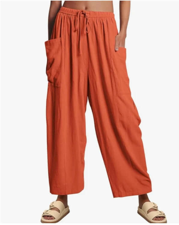 Women's Elastic Pleated Linen Wide Leg Pants UK Orange Red