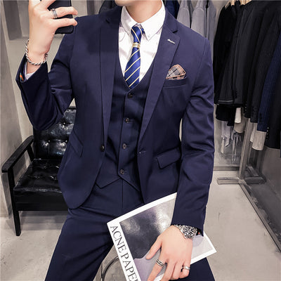 Classic Fit Three Piece Business Suit for Men - Spring Wear Navy Blue 3pc Set