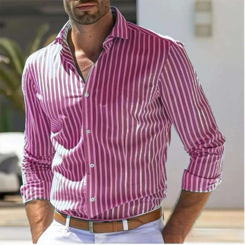Men's Slim Fit Striped Business Shirt featuring a stylish pink and white striped pattern, perfect for modern professionals.