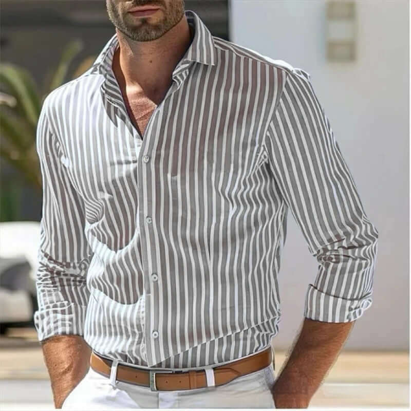 Men's Slim Fit Striped Business Shirt displayed on a model, showcasing its stylish design and contemporary fit.
