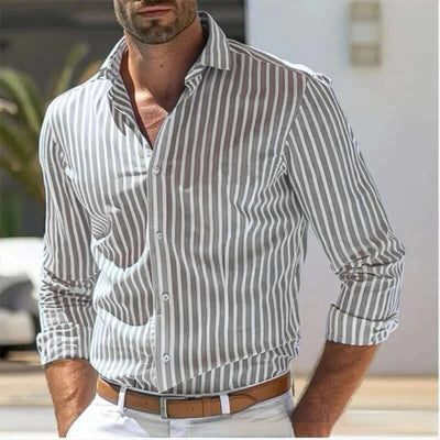 Men's Slim Fit Striped Business Shirt displayed on a model, showcasing its stylish design and contemporary fit.