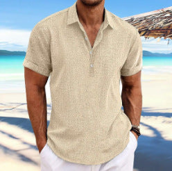 Men's short sleeve business casual cardigan shirt in beige color, perfect for warm weather.