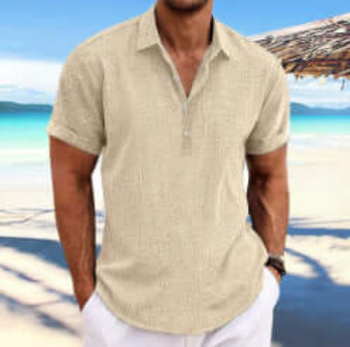 Business Casual Men Cardigan Shirt worn by a man on the beach, showcasing versatile smart-casual style.
