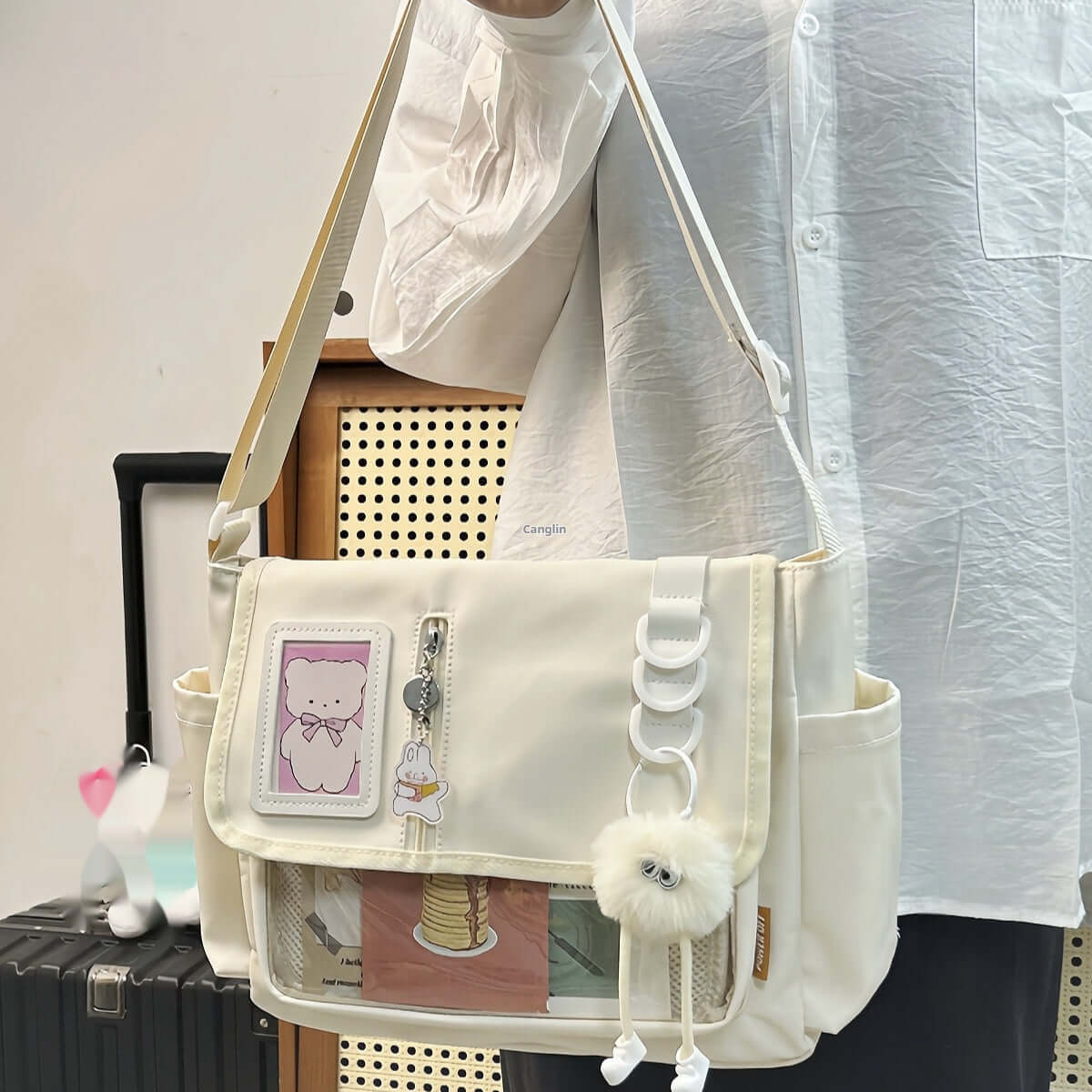 Canvas Crossbody Handbag | Soft Canvas Bag White haired ball pendant