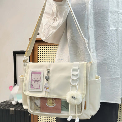Canvas Crossbody Handbag | Soft Canvas Bag White haired ball pendant