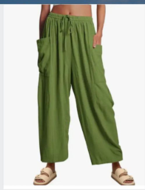 Women's Elastic Pleated Linen Wide Leg Pants