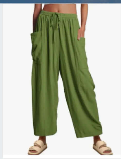 Women's Elastic Pleated Linen Wide Leg Pants UK Grass Green