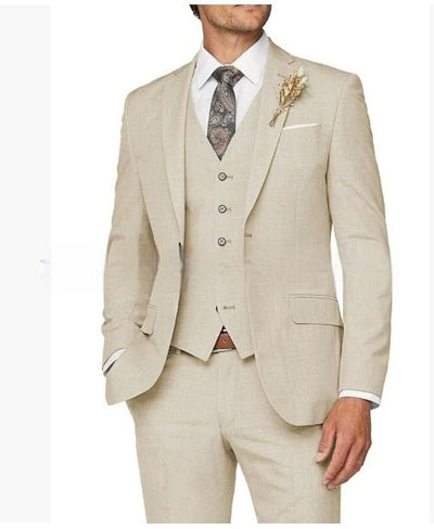 Mens Slim Fit Business Three Piece Suit UK Beige