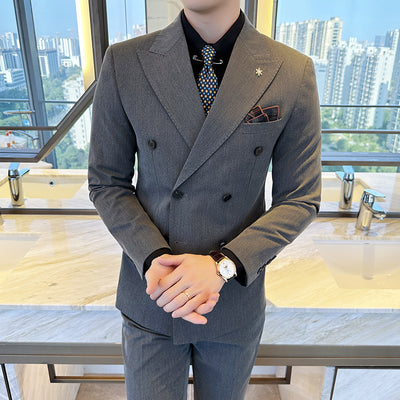 Double Breasted Business Slim Fit Suit for Men Medium Gray Suit Trousers