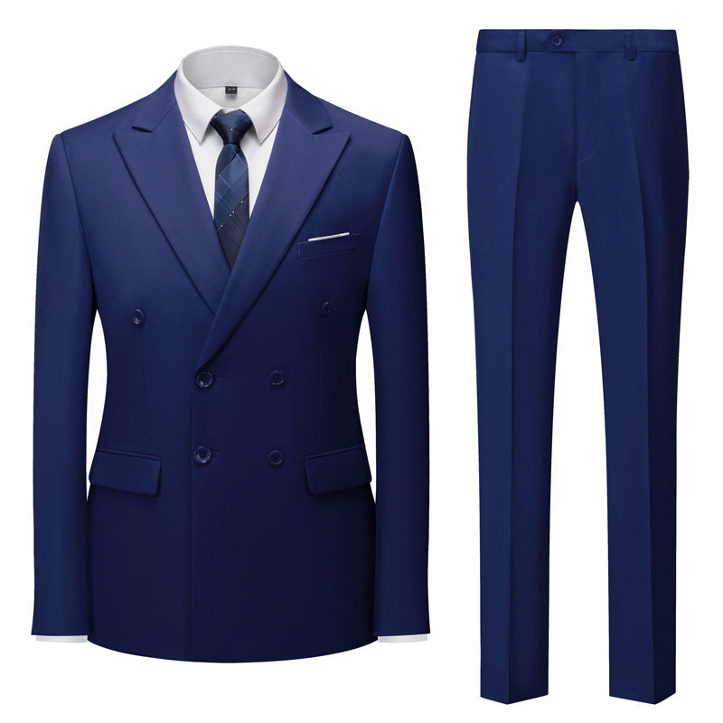 Men's Casual Solid Color Two-Piece Suit Navy Blue