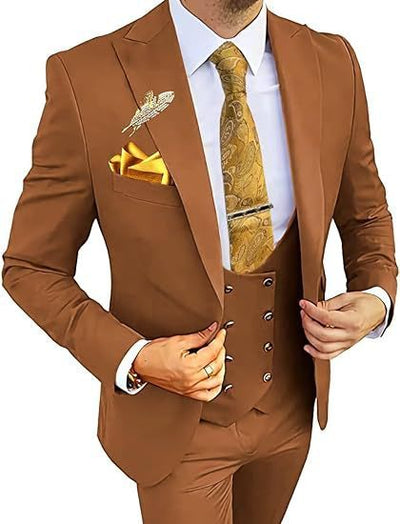 Men's Slim Fit Double-Breasted Suit Brown Coat Vest Pants