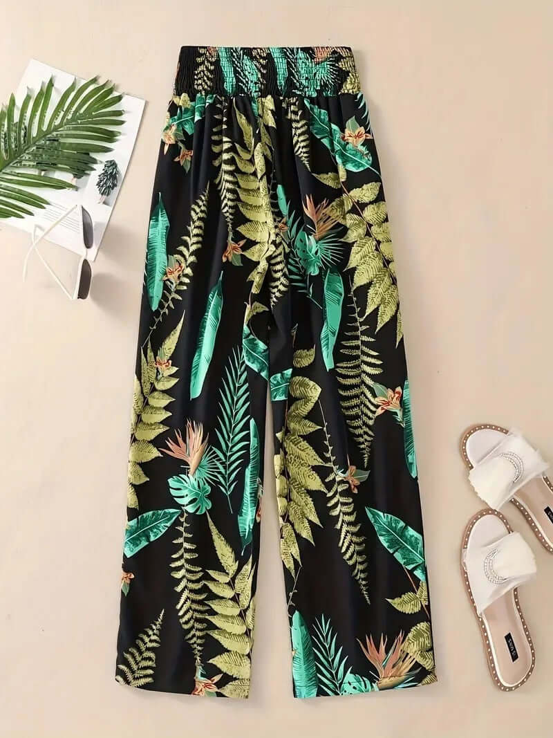 Women's Casual Flower Pants - Floral Straight Green