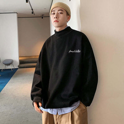 Half Turtleneck Cotton Loose Top Black