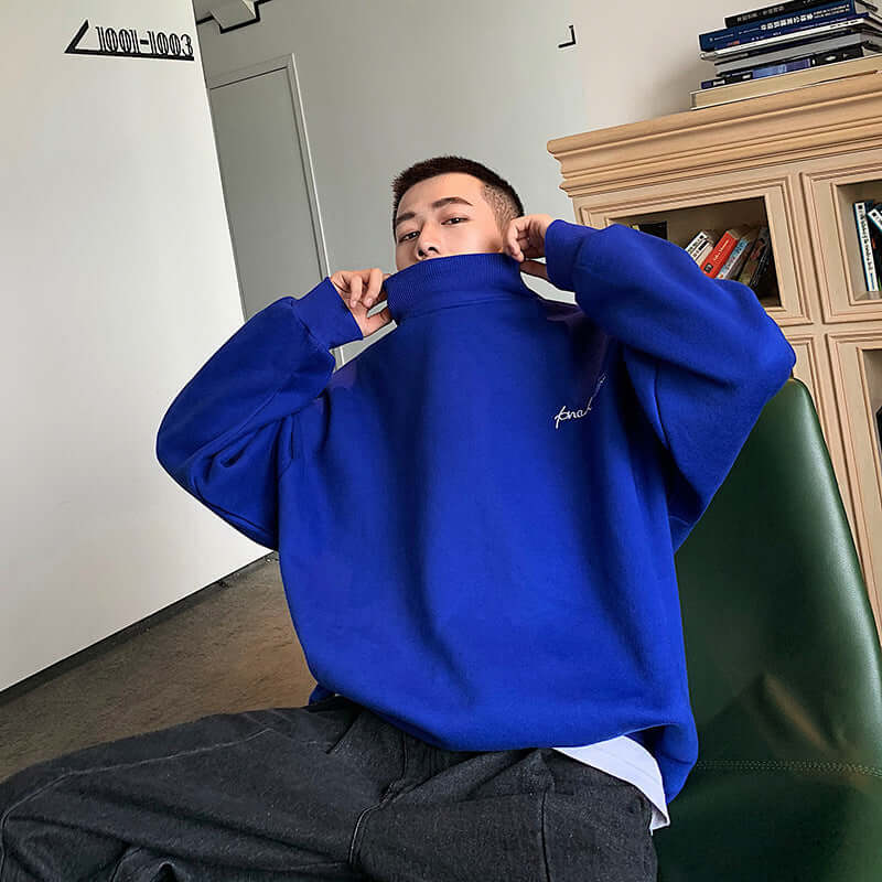 Half Turtleneck Cotton Loose Top Blue