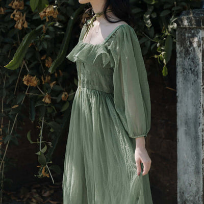 Green Ruffle Maxi Dress | Boho Square Neck Dress UK