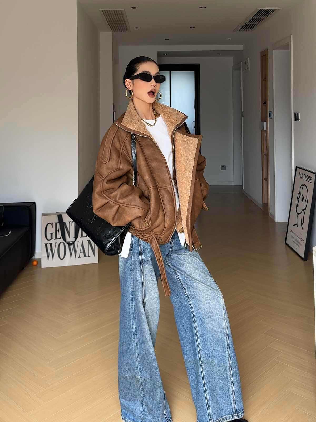 Biker's Thick Fur Jacket | Faux Fur Jacket Amber Brown UK