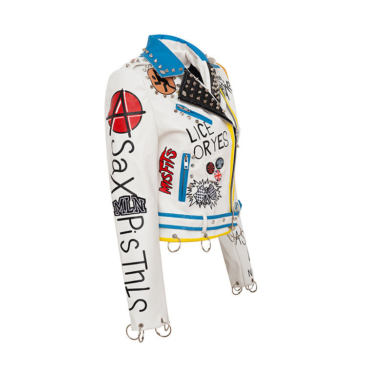 Graffiti Print Motorcycle Leather Jacket