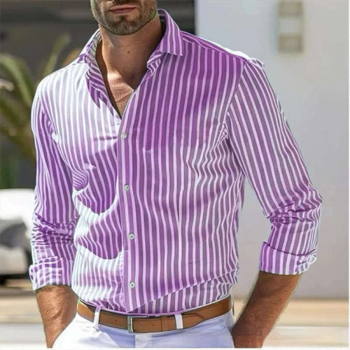 Men's Slim Fit Striped Business Shirt in purple and white stripes, perfect for a modern professional look.