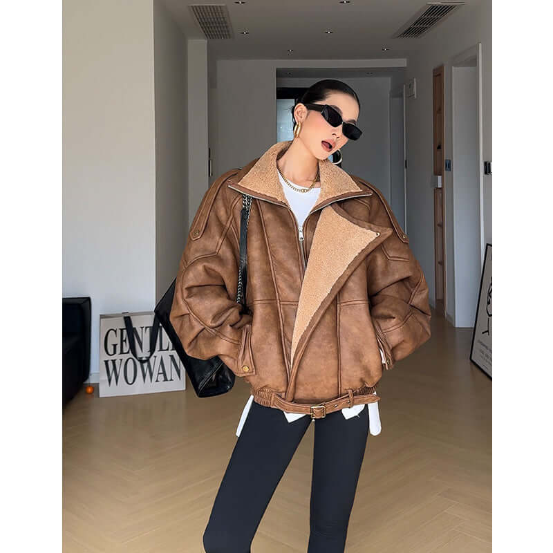 Biker's Thick Fur Jacket | Faux Fur Jacket Amber Brown UK Amber Brown