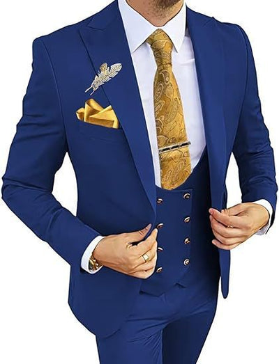 Men's Slim Fit Double-Breasted Suit Dark Blue Coat Vest Pants