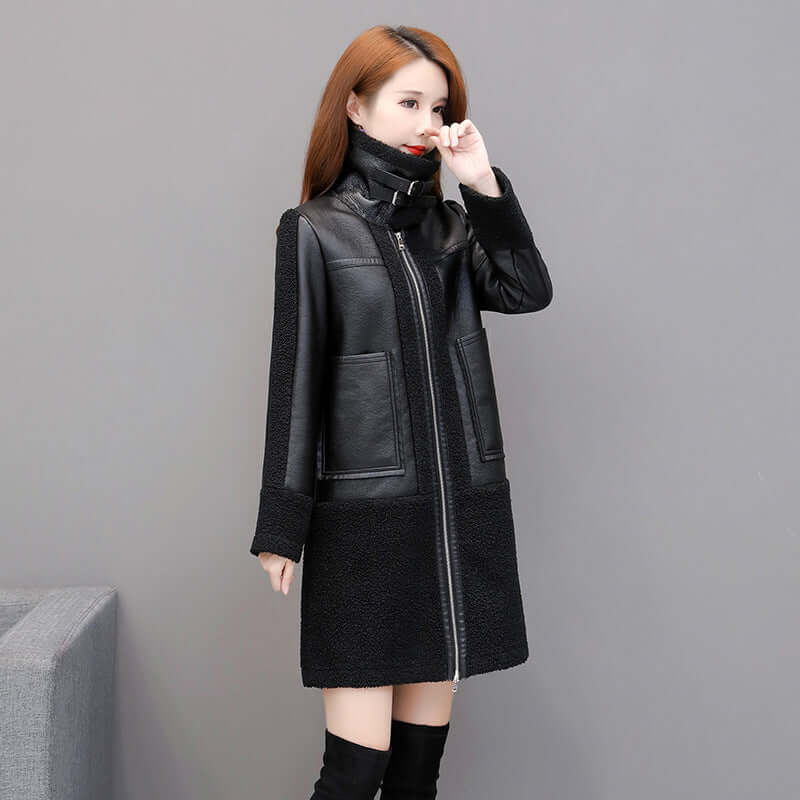 Womens Black Faux Leather Fur Coat Mid Length UK