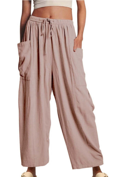 Women's Elastic Pleated Linen Wide Leg Pants UK Lotus Pink