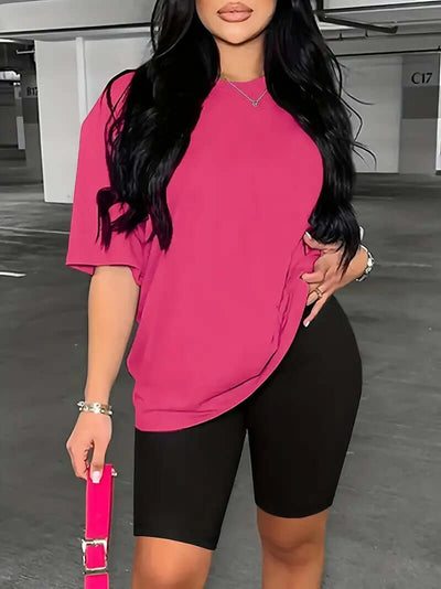 Printed Drop Shoulder T-Shirt Graphic Tees Women Tops UK Rose red