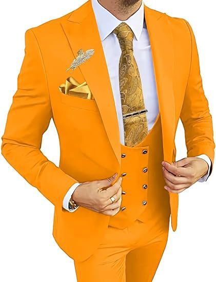 Men's Slim Fit Double-Breasted Suit Orange Coat Vest Pants