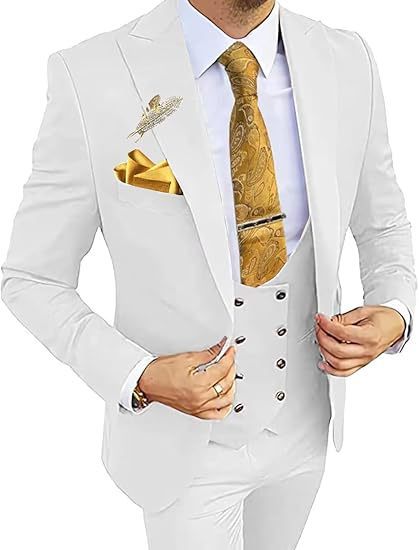 Men's Slim Fit Double-Breasted Suit White Coat Vest Pants